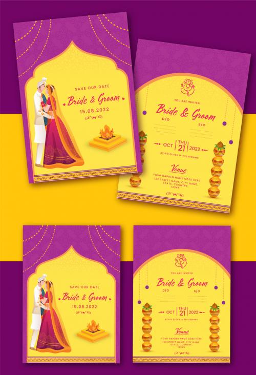 Purple and Yellow Hindu Wedding invitation with traditional bride and groom illustrations and wedding ornaments. 