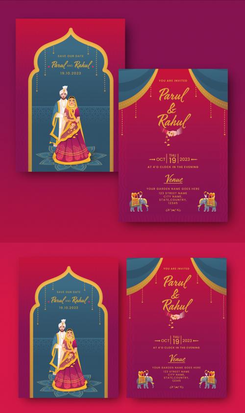 Red and Teal, Hindu Wedding invitation with traditional bride and groom illustrations and wedding ornaments. 