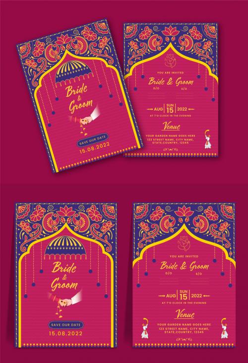 Pink and Blue, Hindu Wedding invitation with Bride and Groom Holding Hands and beautiful floral design.