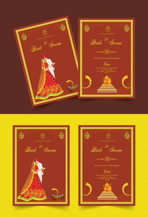 Hindu Wedding invitation with traditional bride and groom illustrations and wedding ornaments. 