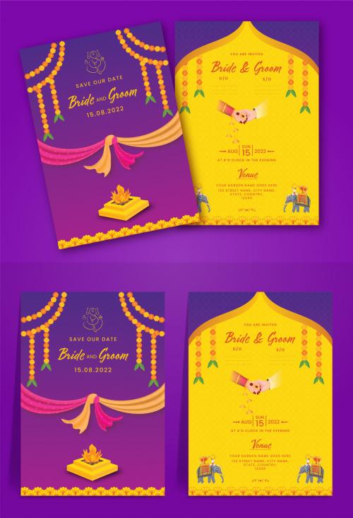 Purple and Yellow, Hindu Wedding invitation with traditional bride and groom holding hands illustrations and wedding ornaments. 