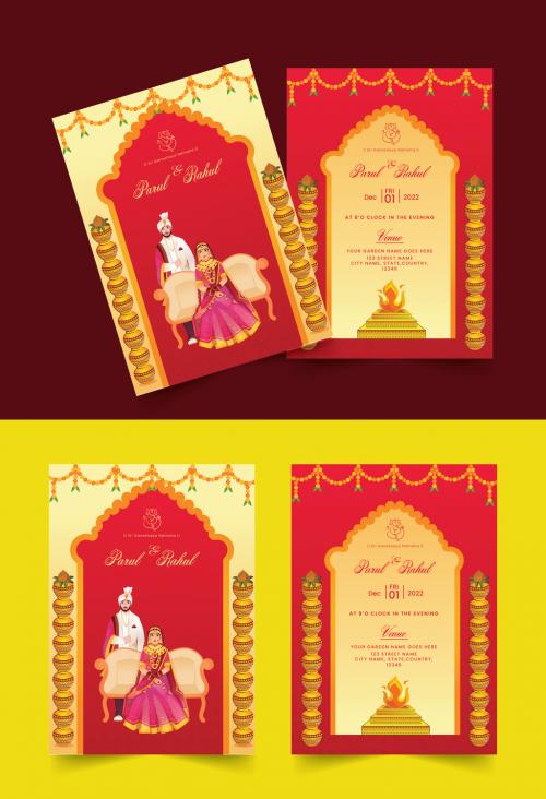 Yellow and Red, Hindu Wedding invitation with traditional bride and groom illustrations and wedding ornaments. 