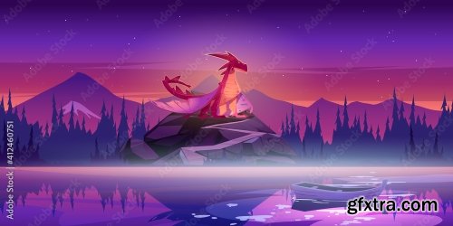 Dragon Flying Against Night Mountain Background 6xAI