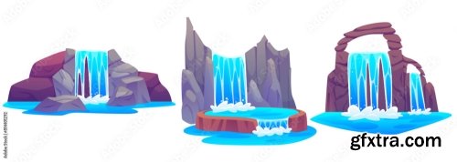 Waterfall And Mountain River Stream Cartoon Vector 6xAI