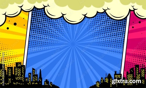 Colorful Comic Scene Background With City Silhouette 6xAI