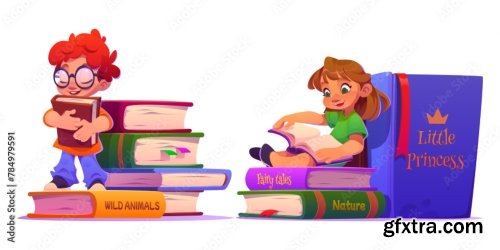 Kids Reading Books Set Isolated On White Background 6xAI