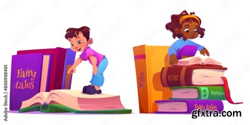 Kids Reading Books Set Isolated On White Background 6xAI