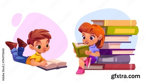 Kids Reading Books Set Isolated On White Background 6xAI