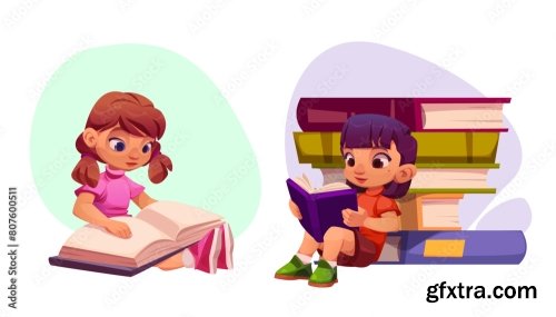 Kids Reading Books Set Isolated On White Background 6xAI