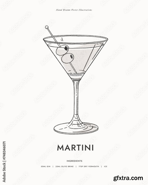 Set Of Popular Alcoholic Cocktails In Linear Style 6xAI