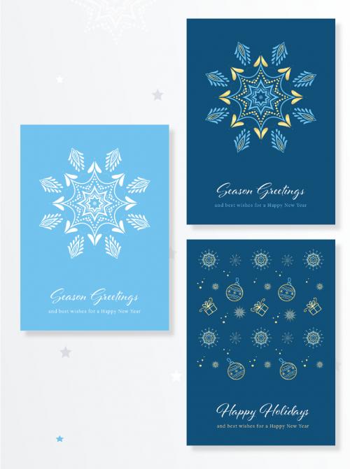 Christmas Cards Set with Blue and Gold snowflakes