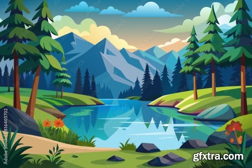 Lake In The Forest Landscape Vector Illustration 6xSVG