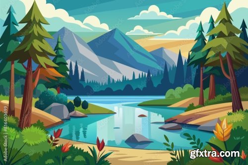 Lake In The Forest Landscape Vector Illustration 6xSVG