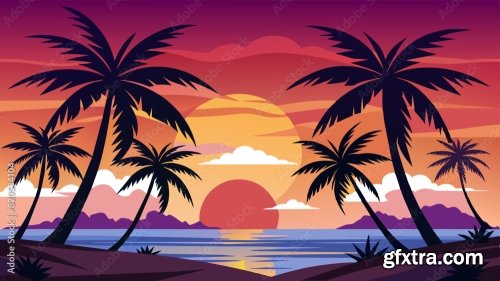 Dark Palm Trees Silhouettes On Colorful Tropical 6xSVG