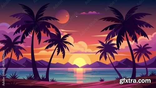 Dark Palm Trees Silhouettes On Colorful Tropical 6xSVG