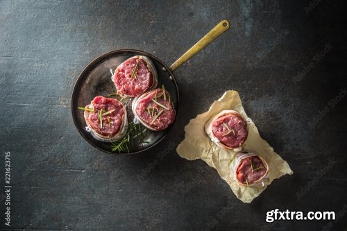 Beef Tenderloin Steak Wrapped In Bacon Stored Into The Pan 6xJPEG