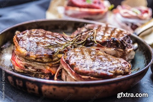 Beef Tenderloin Steak Wrapped In Bacon Stored Into The Pan 6xJPEG