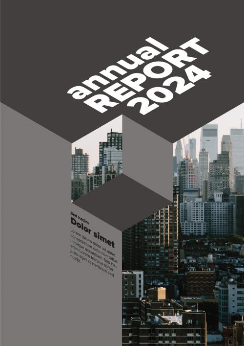 Dark Annual Report Front Cover Page Template with Isometric Photo Masks