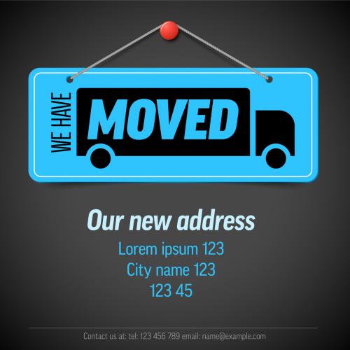 We Have Moved Dark Flyer Template with Blue Notice Placard