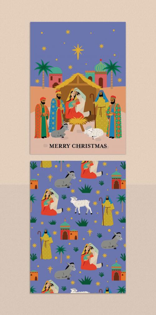 Nativity scene featuring three wisemen, mary, joseph and baby Jesus greeting card design