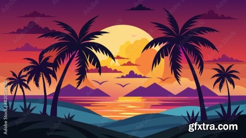 Dark Palm Trees Silhouettes On Colorful Tropical 6xSVG