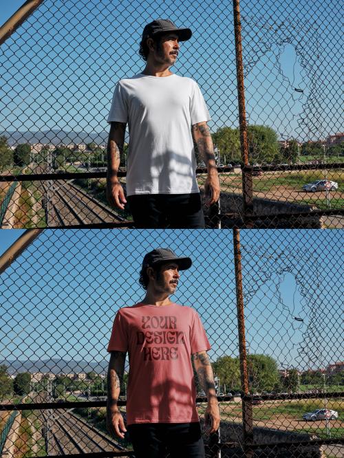 Man Wearing a T Shirt Mockup on a Sunny Day