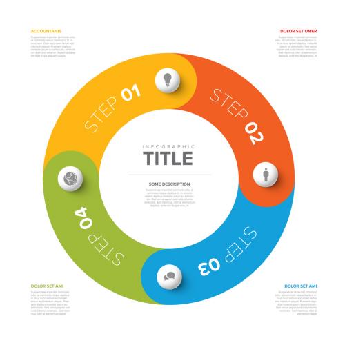 Simple light infographic cycle with four spheres and icons