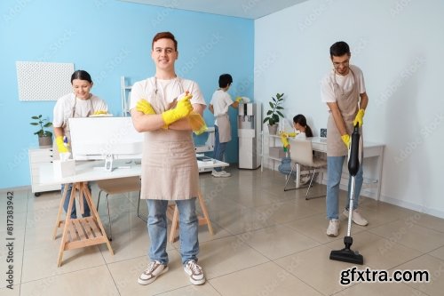 Group Of Young Janitors Cleaning In Office 6xJPEG