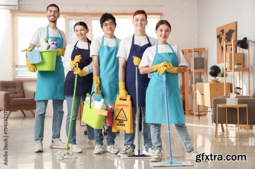 Group Of Young Janitors Cleaning In Office 6xJPEG