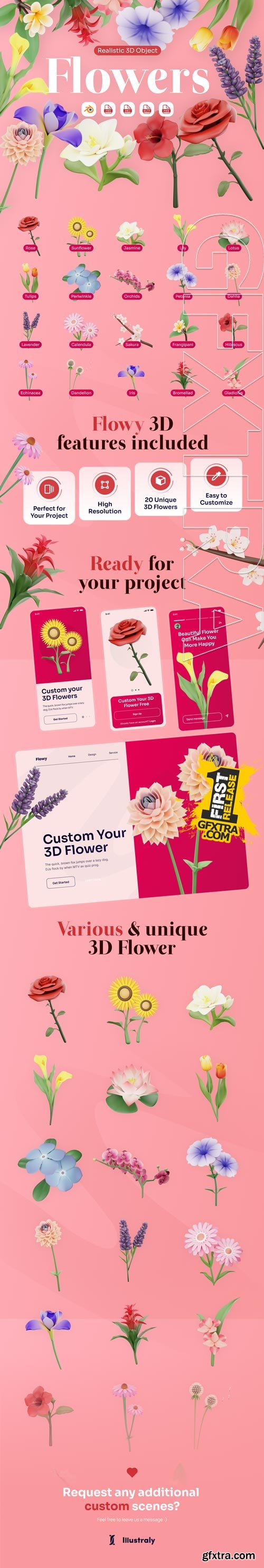 Flowy - Various Flowers 3D Icon Set (Rose Calendula Tulips Lavender and Others) Model