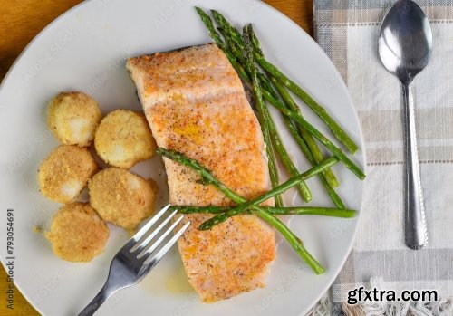 Baked Haddock Served With Asparagus And Scallops 6xJPEG