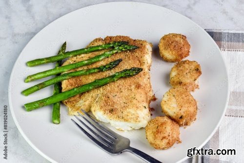 Baked Haddock Served With Asparagus And Scallops 6xJPEG