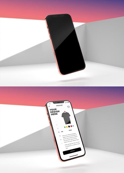 Old Rose iphone Mock-Up on a Balcony with a Sunset Gradient Sky