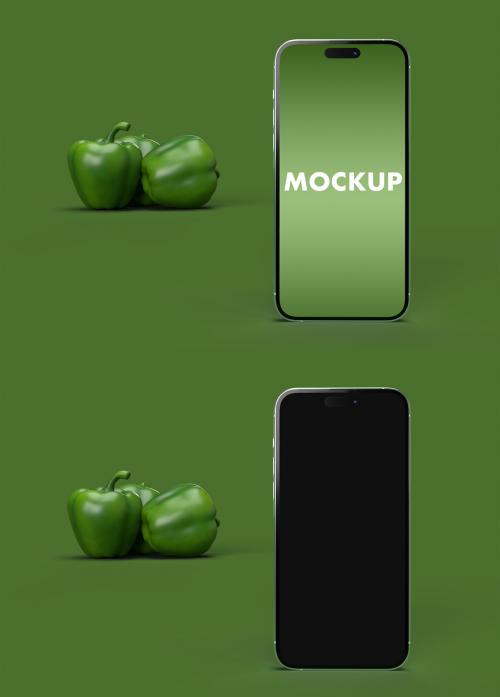 iphone 14 Pro Max and the Green Peppers on a Green Background