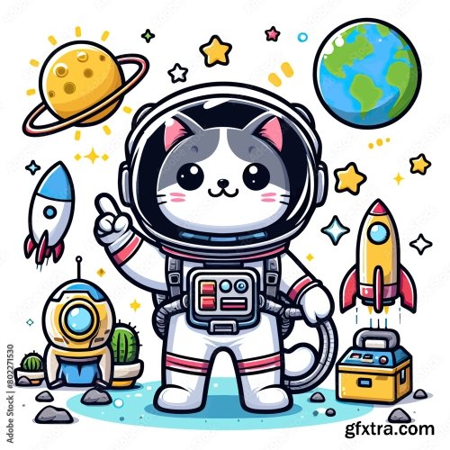 Astronaut Cat Vector In White Background 6xAI