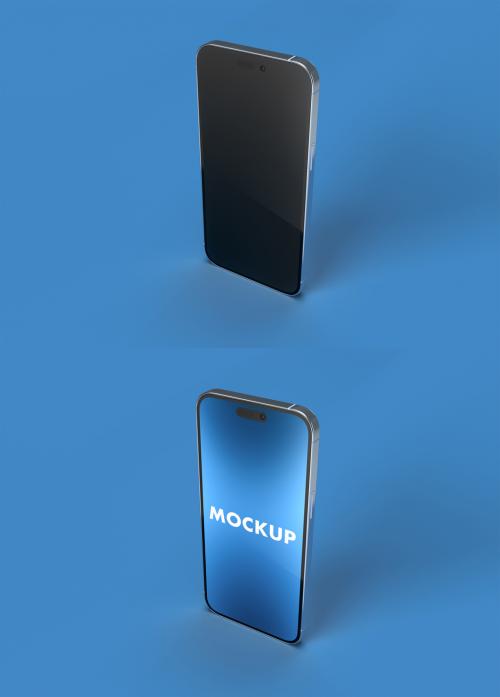 Silver iPhone 14 Pro Max Mockup in a Simple Blue Background Isometric Top View