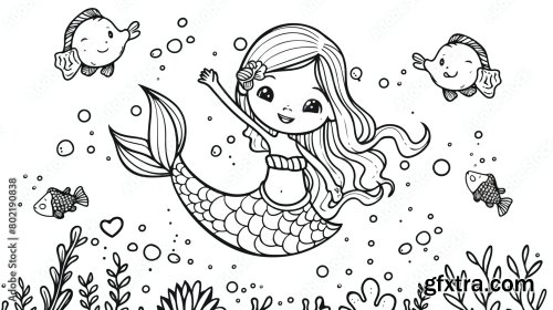 Mermaid In Black And White Coloring 5xAI