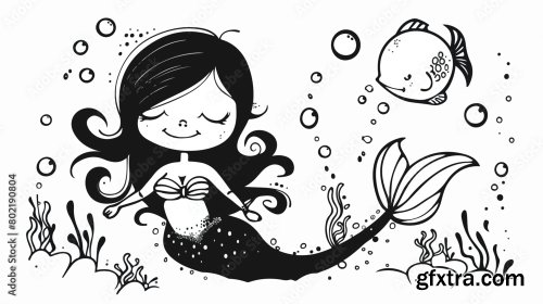 Mermaid In Black And White Coloring 5xAI