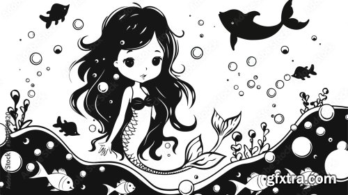 Mermaid In Black And White Coloring 5xAI