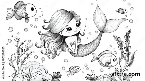 Mermaid In Black And White Coloring 5xAI