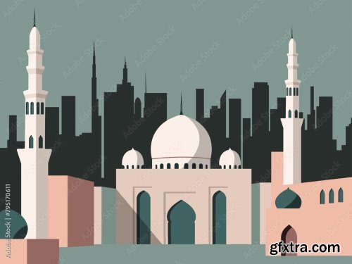 Islamic Mosque Exterior Building Flat Vector Design 6xAI