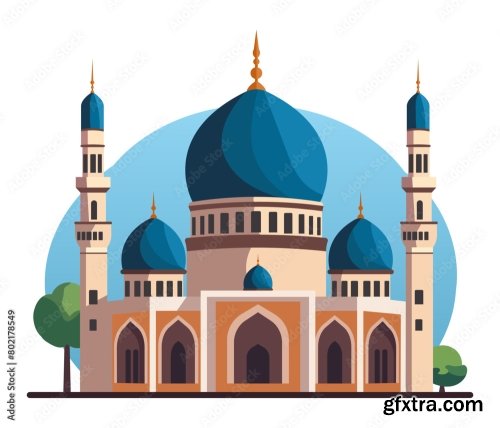 Islamic Mosque Exterior Building Flat Vector Design 6xAI