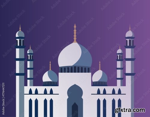 Islamic Mosque Exterior Building Flat Vector Design 6xAI