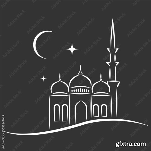 Islamic Mosque Exterior Building Flat Vector Design 6xAI