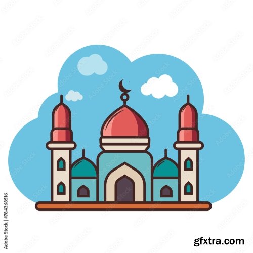 Islamic Mosque Exterior Building Flat Vector Design 6xAI