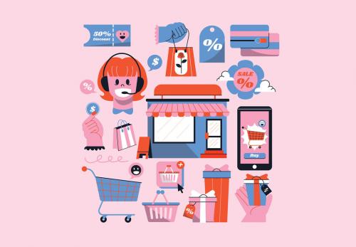 Pink Flat Design Happy Shopping Asset Illustration