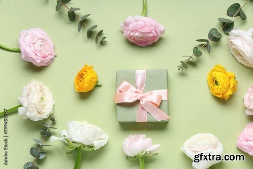 Beautiful Ranunculus Flowers And Eucalyptus 6xJPEG