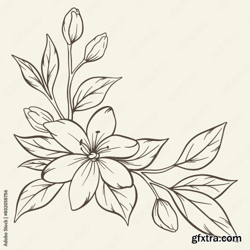 Hand Drawn Bouquet With Flowers And Leaves 6xAI