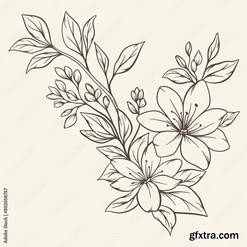 Hand Drawn Bouquet With Flowers And Leaves 6xAI