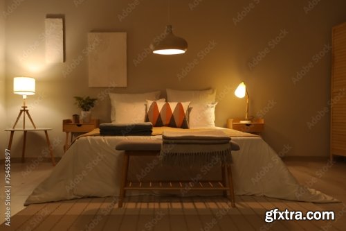 Interior Of Stylish Cozy Bedroom In Evening 6xJPEG